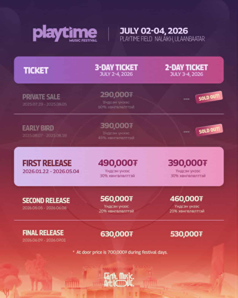 "Playtime festival 2026" тасалбарыг хөнгөлөлттэй авах боломж "Playtime festival 2026" тасалбарыг хөнгөлөлттэй авах боломж